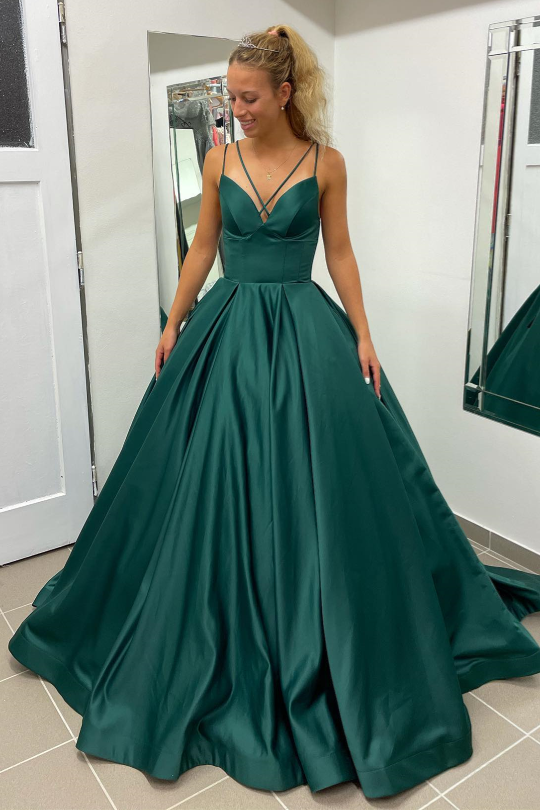 A-line Hunter Green V-Neck Satin Long Prom Dress