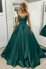 A-line Hunter Green V-Neck Satin Long Prom Dress