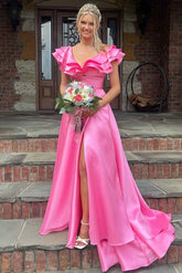 Hot Cute Pink V-Neck Ruffle A-Line Long Prom Dress