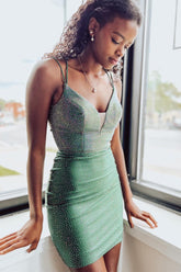 Bodycorn Lace-Up Deep V Neck Beaded Satin Homecoming Dress