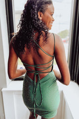 Bodycorn Lace-Up Deep V Neck Beaded Satin Homecoming Dress