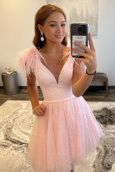 A-line Deep V Neck Tulle Homecoming Dress with Featherss