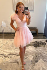 A-line Deep V Neck Tulle Homecoming Dress with Featherss