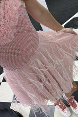 Sweetheart Cute Pink Grid Short homecoming Dress with Featherss
