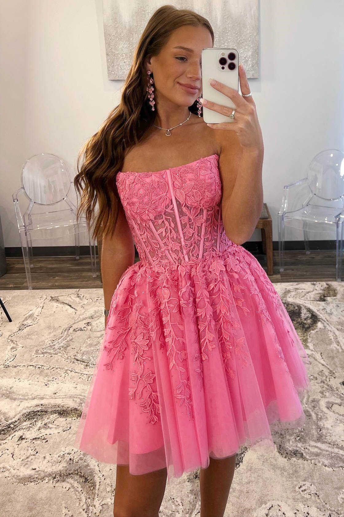 A-Line Tulle Lace Homecoming Dress with Appliques
