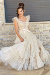 V-Neck Ivory Appliqued Ruched Tulle Prom Dress with Flying Sleeves