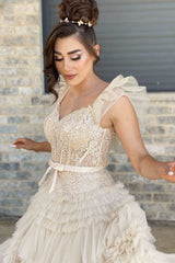 V-Neck Ivory Appliqued Ruched Tulle Prom Dress with Flying Sleeves