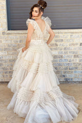 V-Neck Ivory Appliqued Ruched Tulle Prom Dress with Flying Sleeves
