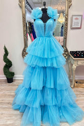 Light Blue Ruffle Straps A-Line Ruched Prom Dress