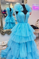 Light Blue Ruffle Straps A-Line Ruched Prom Dress
