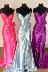 Straps V-Neck Satin Mermaid Sheath Prom Dress with Bow