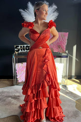Red Cutout Ruffle A-Line Long Prom Dress with Slit