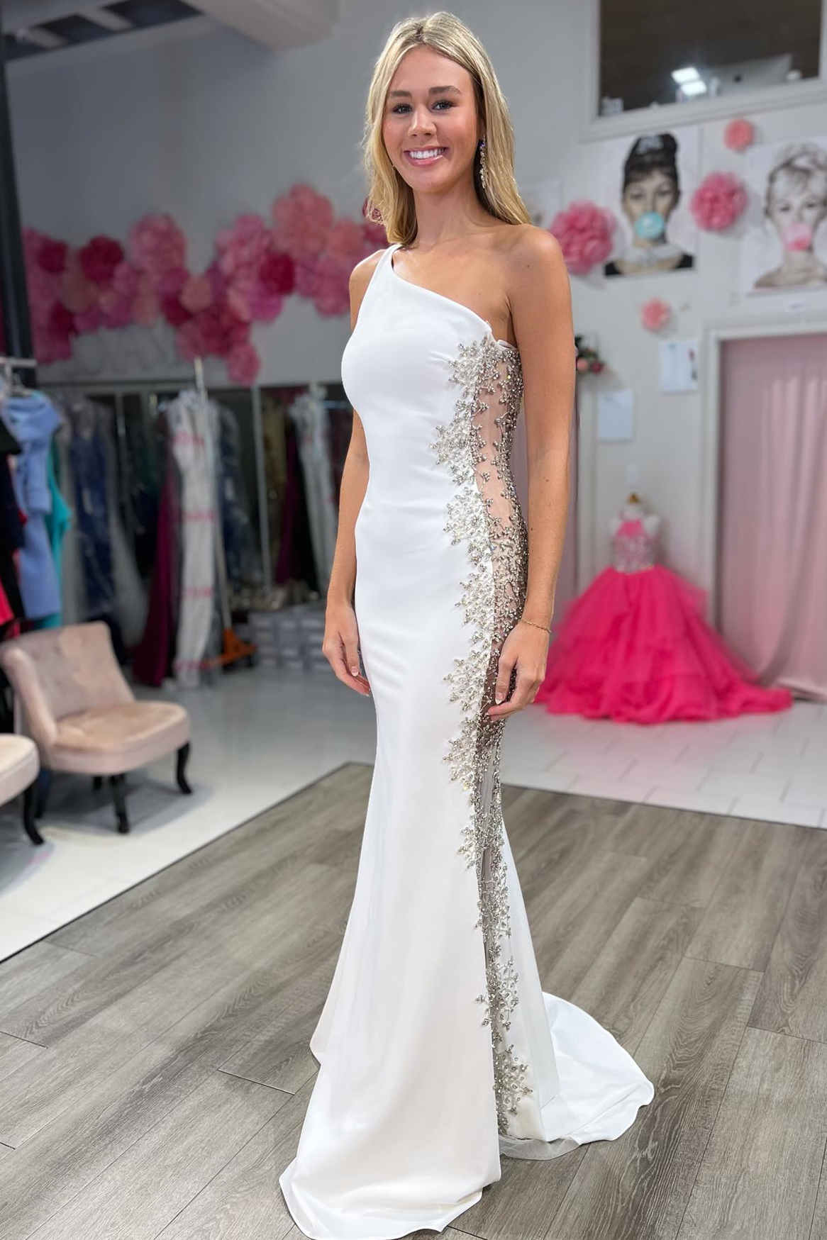 Mermaid Sheath White One Shoulder Beaded Long Formal Dress