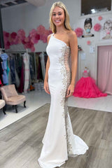 Mermaid Sheath White One Shoulder Beaded Long Formal Dress