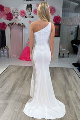 Mermaid Sheath White One Shoulder Beaded Long Formal Dress