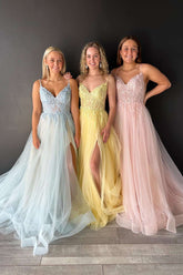 V-Neck Lace-Up Appliqued Tulle A-Line Prom Dress