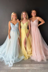 V-Neck Lace-Up Appliqued Tulle A-Line Prom Dress