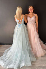 V-Neck Lace-Up Appliqued Tulle A-Line Prom Dress