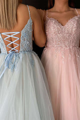 V-Neck Lace-Up Appliqued Tulle A-Line Prom Dress