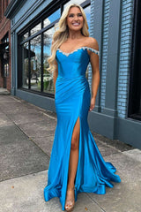 Off the Shoulder Beaded Blue Mermaid Sheath Prom Dress with Slit
