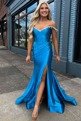 Off the Shoulder Beaded Blue Mermaid Sheath Prom Dress with Slit