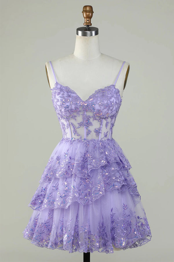 Lavender Glitter Lace Ruffle Tiered Homecoming Dress Corset