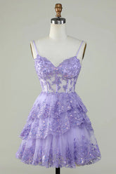 Lavender Glitter Lace Ruffle Tiered Homecoming Dress Corset