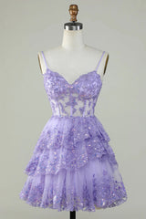 Lavender Glitter Lace Ruffle Tiered Homecoming Dress Corset