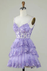 Lavender Glitter Lace Ruffle Tiered Homecoming Dress Corset
