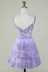 Lavender Glitter Lace Ruffle Tiered Homecoming Dress Corset