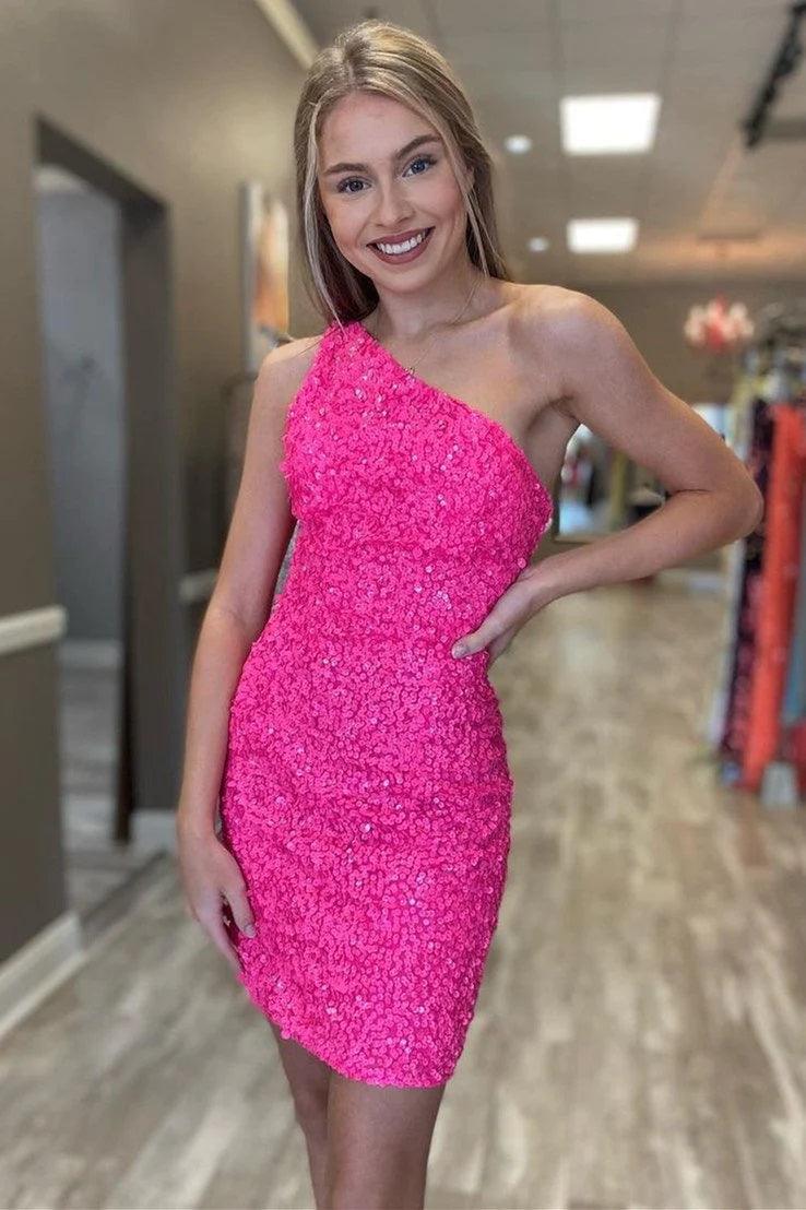 Glitter One Shoulder Hot Pink Tight Short Prom Dress Homecoming Dress