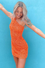 Glitter One Shoulder Hot Pink Tight Short Prom Dress Homecoming Dress