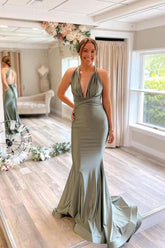 Gray Green Satin Mermaid Bridesmaid Dresses With Sweep Train