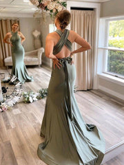 Gray Green Satin Mermaid Bridesmaid Dresses With Sweep Train