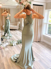 Gray Green Satin Mermaid Bridesmaid Dresses With Sweep Train
