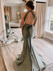 Gray Green Satin Mermaid Bridesmaid Dresses With Sweep Train