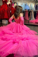 Hot Cute Pink Off-Shoulder A-line Tulle Layers Appliqued Hi-Low Prom Dress