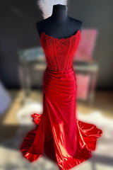 Bodycon Strapless Corset Satin Prom Dress with Slit