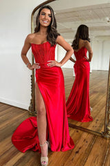 Bodycon Strapless Corset Satin Prom Dress with Slit