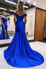 Mermaid Sheath Off the Shoulder Satin Prom Dress with Slit