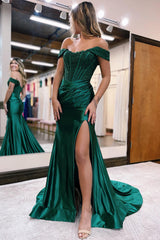 Mermaid Sheath Off the Shoulder Satin Prom Dress with Slit