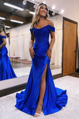Mermaid Sheath Off the Shoulder Satin Prom Dress with Slit