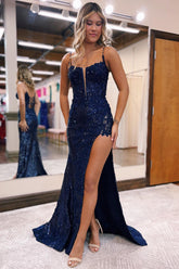 Mermaid Sheath Spaghetti Straps Appliqued Prom Dress with Slit