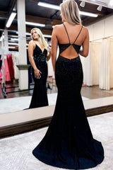 Mermaid Sheath Spaghetti Straps Beaded Satin Prom Dress