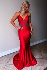 Mermaid Sheath Spaghetti Straps Beaded Satin Prom Dress