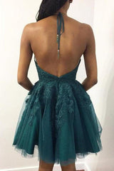 Halter Neck Short Emerald Green Lace Prom Dress Homecoming Dress