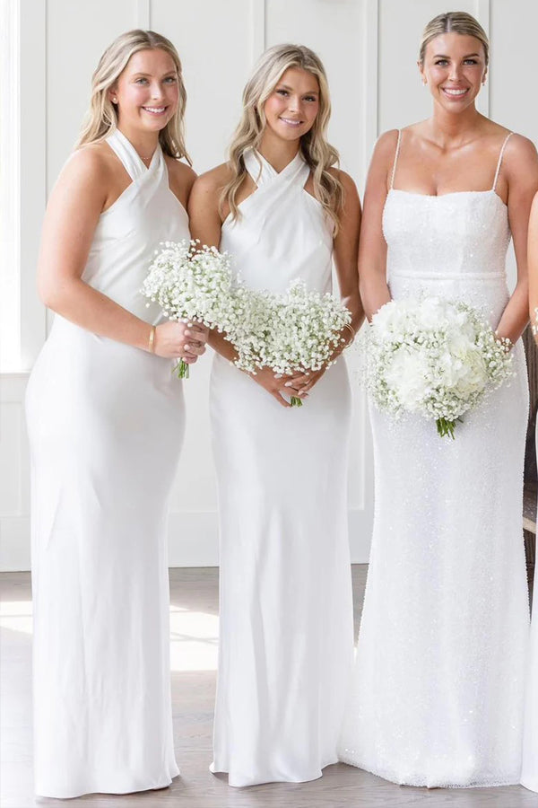 White Halter Neckline Cutout Back Long Bridesmaid Dress