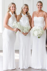 White Halter Neckline Cutout Back Long Bridesmaid Dress