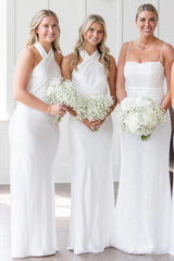 White Halter Neckline Cutout Back Long Bridesmaid Dress