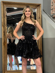 A Line One Shoulder Navy Ruched Lace Short Homecoming Dress